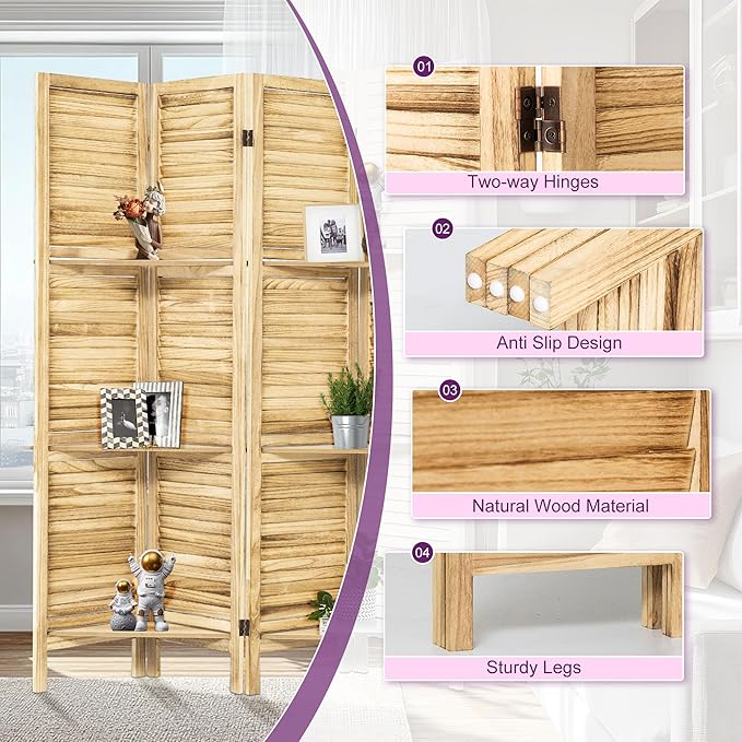 Room Divider with Shelves, 5.6FT Folding Room Divider Panel, 4 Panel Wood Partition Wall Divider for Room Separation, Natural Wood-DeskLoop Office