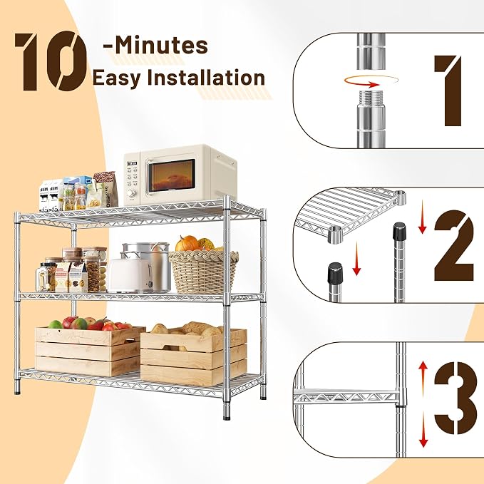 3- Shelf Metal Shelving Unit 35.6Wx14Dx36H, Adjustable Storage Shelves Heavy - Image 8