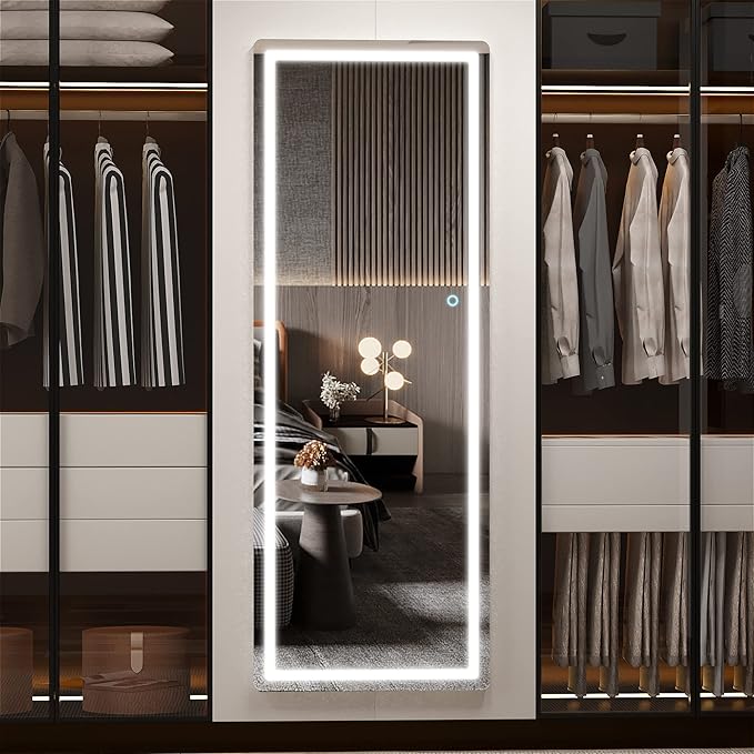 Hasipu Full Length Mirror with Lights, 65" x 22" LED Floor Mirror, Full Body Dressing Standing, Hanging Mounted Mirror for Living Room Bedroom Cloakroom, Round Black-DeskLoop Office