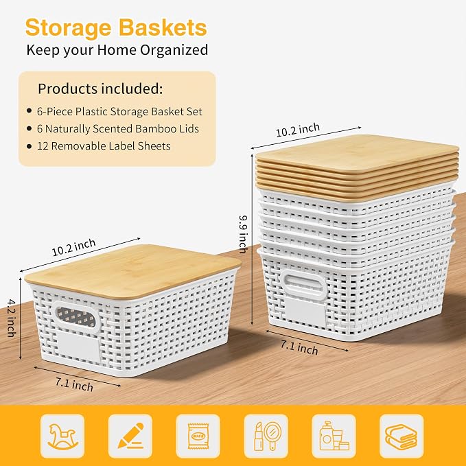 Plastic Storage Baskets with Bamboo Lids and Labels, Stackable Storage - Image 3