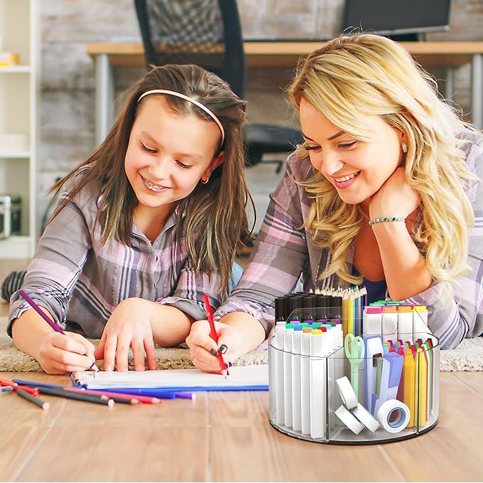 Absonic Acrylic Pen Holder Pencil Organizer, 360-Degree Rotating Pencil Holder, Crayon Organizers for Kids Marker Organizer Caddy Art Supply Kids Desk Organizers for Office Home School-DeskLoop Office