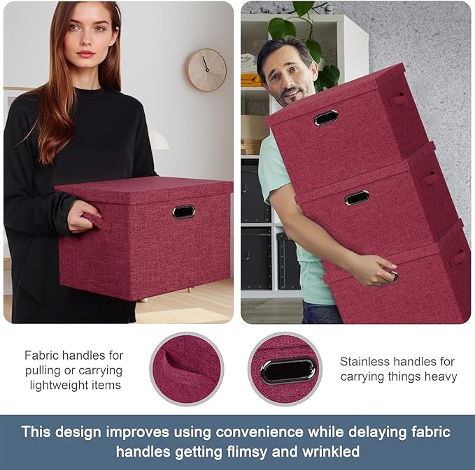 Large 17" 36 Quart Collapsible Stackable Storage Bins with Lids, 3 Packs Bright Red Linen Fabric Closet Boxes with Lids, Storage Cube Baskets Container Organizers for Office (17x12x11)-DeskLoop Office