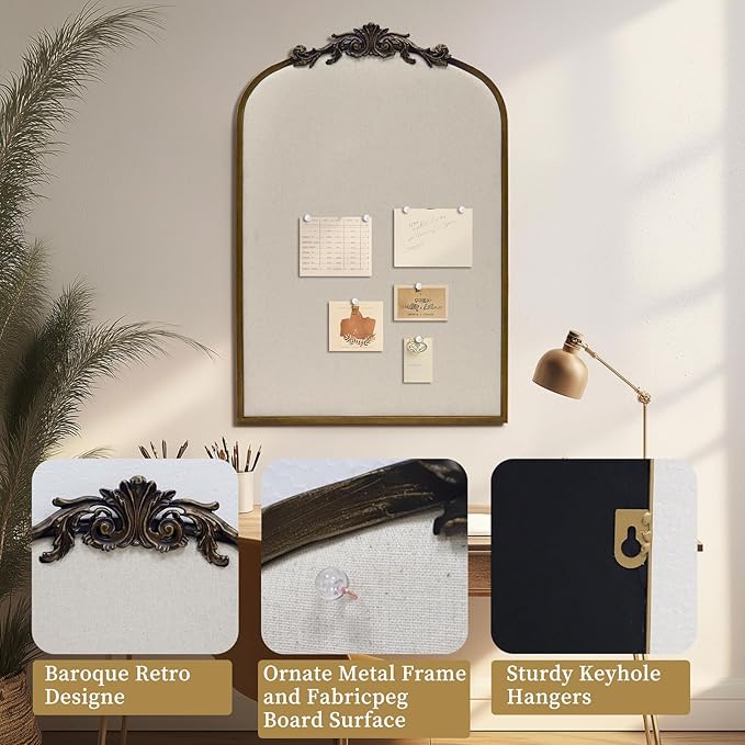 Arch Fabric Pinboard, Antique Gold Bulletin Boards 24"x36", Vintage Cork Board with Ornate Iron Frame for Wall Unique Display, Organization and Decor Options-DeskLoop Office