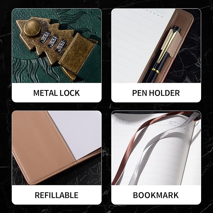 ZXHQ Lock Journal with Pen, A5 240 Pages Diary with Lock, Refillable, Leather - Image 4