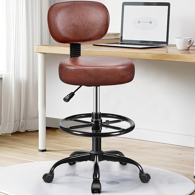 Drafting Chair with Backrest – Adjustable Foot Rest Rolling Stool with Wheels, PU Leather Swivel Stool for Office Spa Studio Lab Counter Salon Home Work Bar Kitchen Shop(Ember Brown)-DeskLoop Office