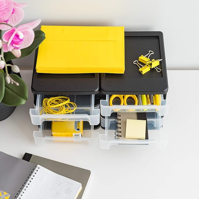 IRIS USA Plastic Stacking Desk Top 3-Drawer Storage Organizer, 4-Pack, for Makeup Vanity Nail Polish Bathroom Stationery Art Craft Supplies Kitchen Office Garage and Small Organization, Small, Black-DeskLoop Office