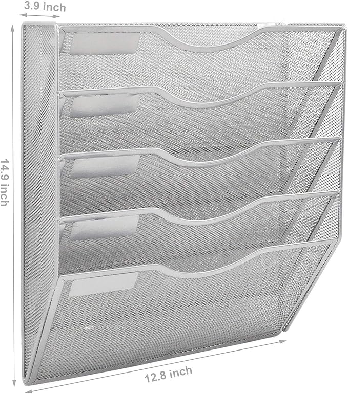 EASEPRES 5 Pocket Mesh Hanging Wall File Organizer, Wall Mounted Mail Paper Document Folder Holder, Clipboard Storage Organization Magazine Rack with Nametag Label for Office Home School, Silver-DeskLoop Office