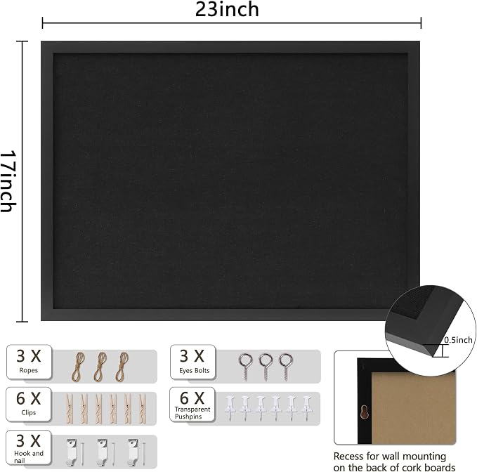DAHAPYBOO Cork Board with Linen Black, Bulletin Board 23"x17" | Corkboards - Image 3