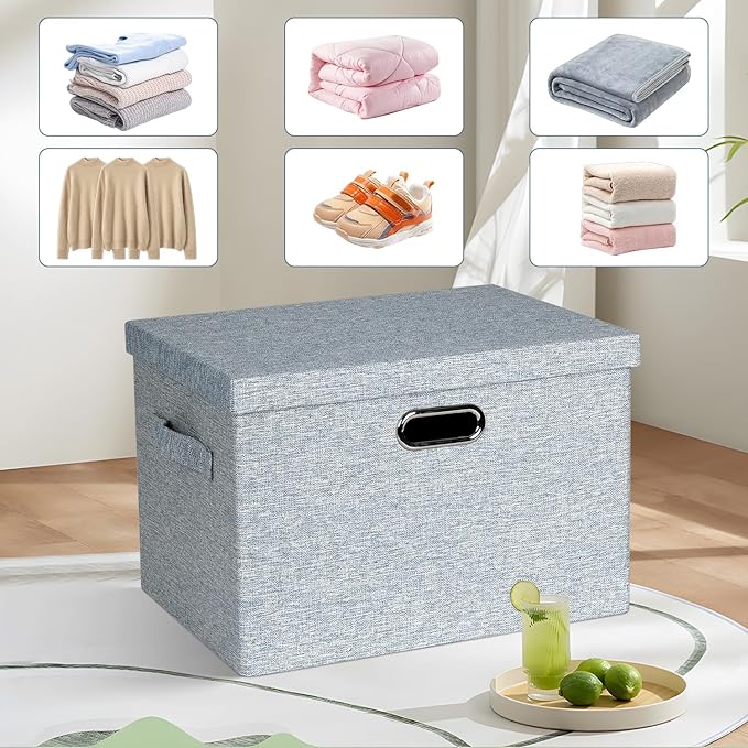 Large 17" 36 Quart Collapsible Stackable Storage Bins with Lids, 3 Packs Blue-Grey Linen Fabric Closet Boxes with Lids, Storage Cube Baskets Container Organizers for Bedroom (17x12x11)-DeskLoop Office
