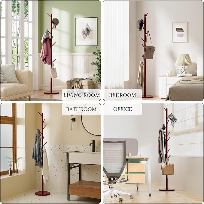 Wooden Coat Rack Freestanding Coat Tree with 4 Height Options and 9 Hooks, Sturdy Coat Rack Stand for Clothes/Bags/Hats, Easy Assemble Save Space for Entryway,Bedroom,Office,Narrow Place (Brown)-DeskLoop Office