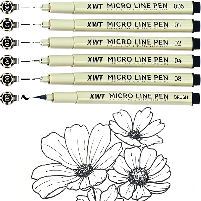 Micro Fineliner Pens 6 Size/Set, Ultra Fine Fineliner Pen, Brush Marker Pen, Water-based Black Pigment Ink, Drawing Journaling Doodle Supplies for Artists, Designers, Students-DeskLoop Office