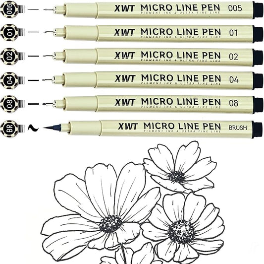 Micro Fineliner Pens 6 Size/Set, Ultra Fine Fineliner Pen, Brush Marker Pen, Water-based Black Pigment Ink, Drawing Journaling Doodle Supplies for Artists, Designers, Students-DeskLoop Office