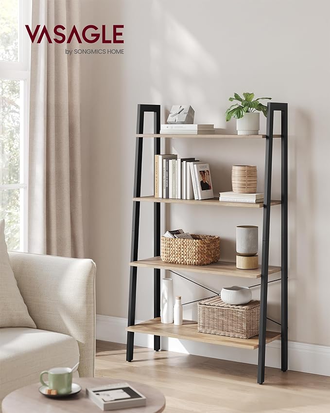 VASAGLE Ladder Shelf, 4-Tier Bookshelf, Storage Rack, Bookcase with Steel Frame, for Living Room, Home Office, Kitchen, Bedroom, Industrial Style, Camel Brown and Ink Black ULLS144B50-DeskLoop Office