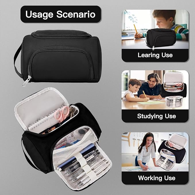 Large Pencil Pouch,Pencil Case Aesthetic,Zipper Pencil Box For Girls Back To School Supplies Emergency Bag Makeup Bag (Black)-DeskLoop Office