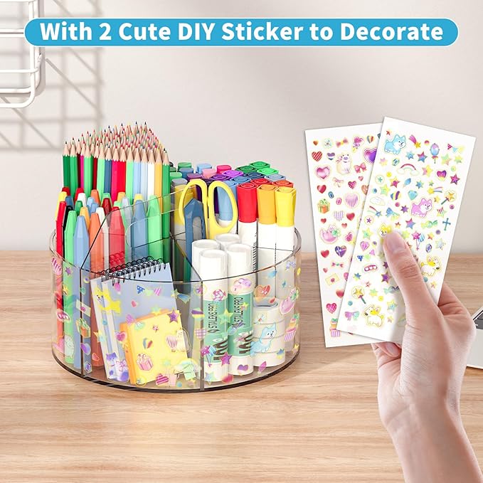 Acrylic Pen Holder with 2 Adhesive DIY Stickers, Desk Organizer Marker Holder with Cute Sticker, 360 Degree Office Supply Organizer Clear Pencil Holder Kid Art Supply Storage Organizer 6 Compartments-DeskLoop Office