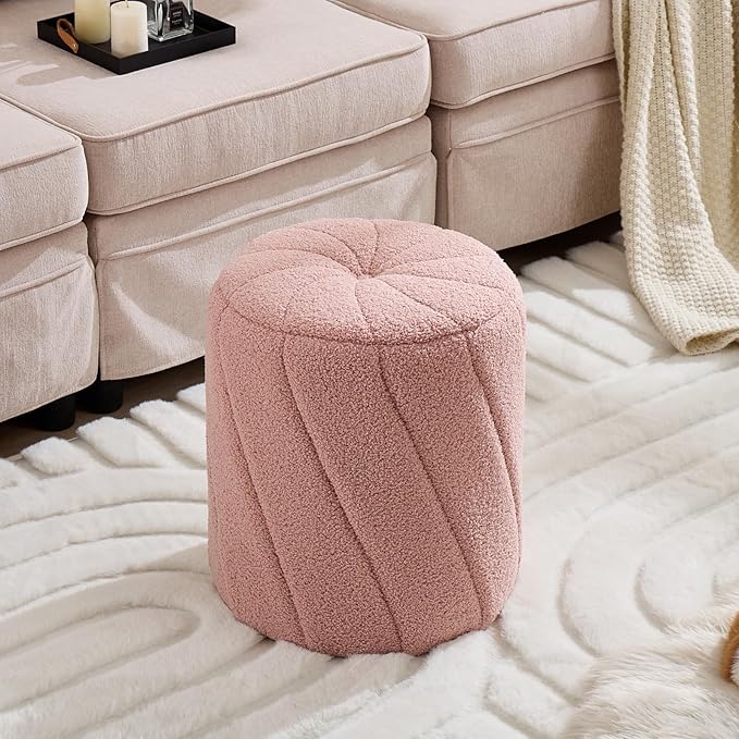 Modern Round Ottoman, Spiral-Tufted Foot Stool Ottoman, Teddy Fleece Upholstered Vanity Stool for Makeup, Bedroom, Living Room, Pink-DeskLoop Office