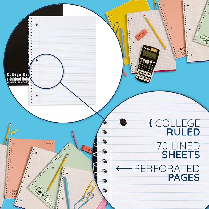 Blue Summit Black Spiral Notebooks Bulk, One Subject Spiral Notebook College Ruled, Perforated Notebook, 8 x 10.5 for Work and School, Paper, College Ruled, Bulk 48 Pack-DeskLoop Office