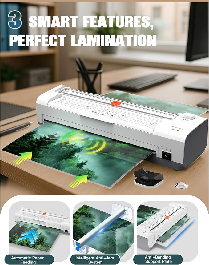 13 Inch Laminator Machine with Auto Paper Feed, Never Jam A3 Thermal & Cold Lamination, 20 Laminating Sheets, 10-in-1 Laminator with Cutter, Trimmer & Corner Rounder for Office School Home Use White-DeskLoop Office