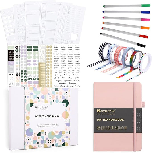 &And Per Se Dotted Journal Notebook Set, A5 Hardcover Dotted Journal (Pink), 6 Fineliner Pens, 8 Sticker, 5 Stencil Sheets & 6 Washi Tapes, Journaling Supplies for Planner Schedule-DeskLoop Office