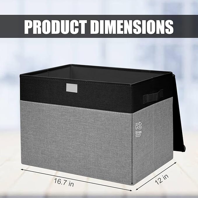 Large 17" 42 Quarts Collapsible Stackable Storage Bins with Lids [3-Pack] Foldable Fabric Linen Storage Boxes Cube, Closet Organizer Baskets with Label for Home (16.7 x 12 x 12", Black & Gray)-DeskLoop Office