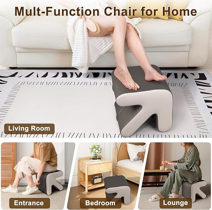 H&B Luxuries Ottoman, Foot Stool with Creative Shape, Napa Leather Ottomans, Removable Outer Foot Rest, No Assembly Required, Ottoman for Living Room, Bedroom, Entrance, Gray White-DeskLoop Office