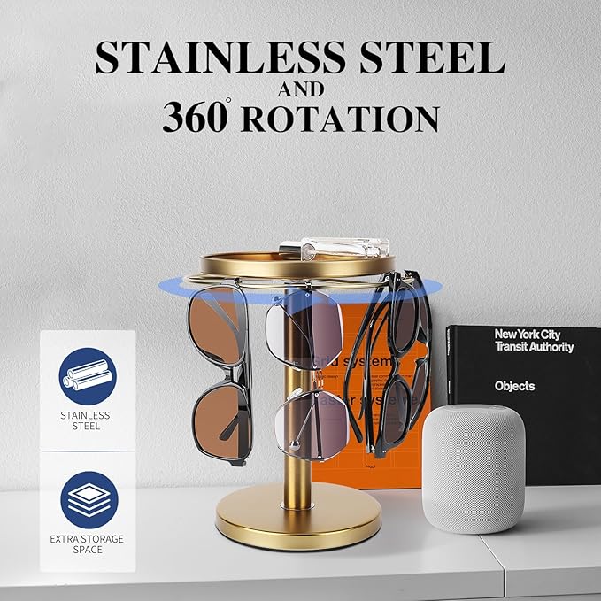 360° Rotating Sunglass Organizer Storage, Stainless Steel Glasses Holder Stand, Glasses Organizer with Tray for Desk, Dresser, Tabletop, Nightstand and Home Decor (Gold)-DeskLoop Office