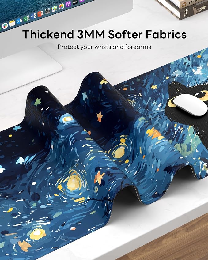 Starry Night Cat Mouse Pad, 31.5 x 11.8 Large Desk Mat - Image 7