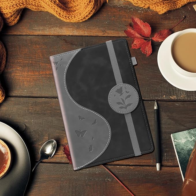 Lined Journal Notebook, A5 Hardcover Leather Journal for Men Women, 200 Pages 100 GSM Thick Paper, Journaling Notebooks for Work School Travel Note Taking, Black-DeskLoop Office