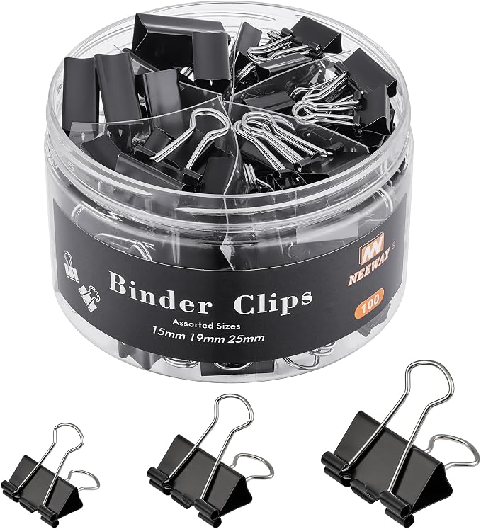 NEEWAY 100 Count Binder Clips Assorted Sizes, Paper Binder Clips, Metal Paper by NEEWAY