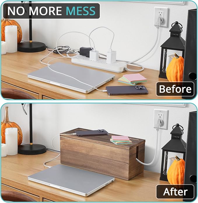 Large Cable Management Box, Burnt Wood Cord Organizer Box - Image 5