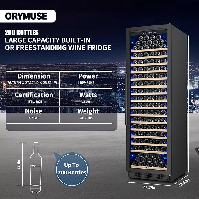 200 Bottle Upgrade Wine Cooler Refrigerator - 24 Inch Large Capacity Wine Fridge Built-In Freestanding, with Quiet Compressor, Professional Temperature Control & Wine Cellar - Black-DeskLoop Office
