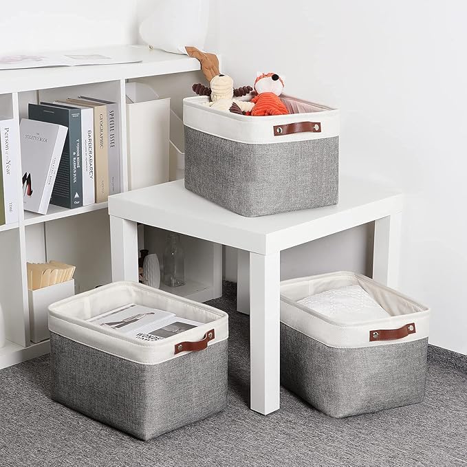 DULLEMELO Storage Baskets for Organizing, Rectangular Fabric Storage Bins Collapsible, Perfect for Shelves, Closets, Empty Gift Baskets (3-Pack Medium-15 inch X 11 inch X 9.5 inch , White&Grey)-DeskLoop Office
