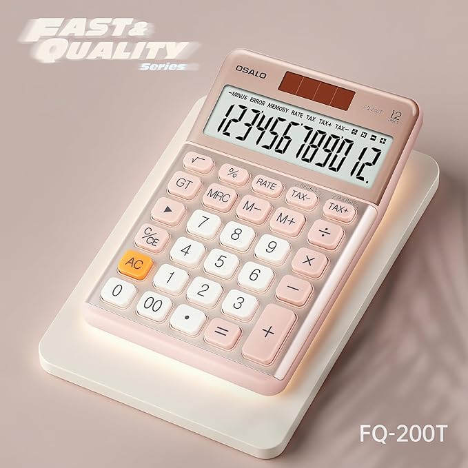 Pendancy Office Small Calculator Desktop with Tax+/- for Tax Calculation, 12 Digit Large LCD Display, Solar Battery Power, Durable Portable Design, Financial Accounting Business Home Use(OS-200T-Pink)-DeskLoop Office