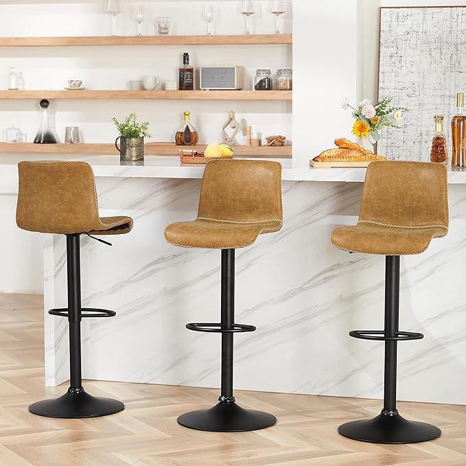 HeuGah Bar Stools Set of 3, Swivel Counter Height Barstools with Back, Adjustable Height 24" to 32", Whiskey Brown Faux Leather Bar Chairs for Kitchen Island (Whiskey Brown, Set of 3 (24'' to 32''))-DeskLoop Office