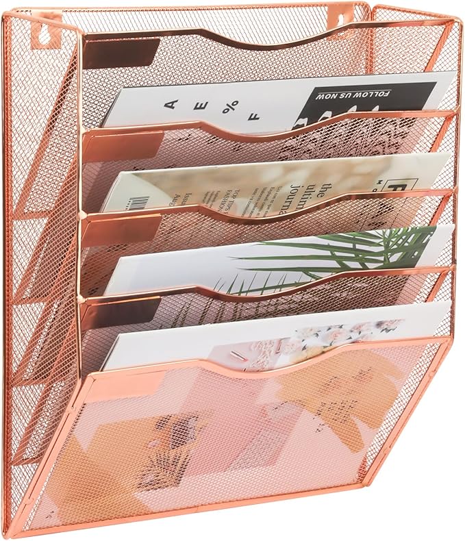 EASEPRES 5 Pocket Mesh Hanging Wall File Organizer, Wall Mounted Mail Paper Document Folder Holder, Clipboard Storage Organization Magazine Rack with Nametag Label for Office Home School, Rose Gold-DeskLoop Office