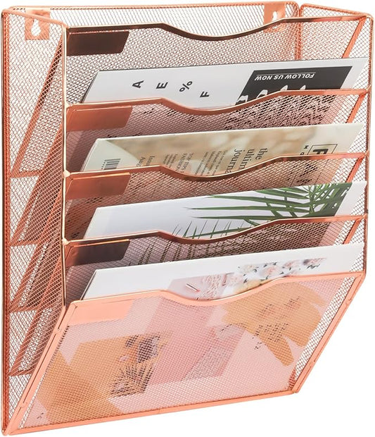 EASEPRES 5 Pocket Mesh Hanging Wall File Organizer, Wall Mounted Mail Paper Document Folder Holder, Clipboard Storage Organization Magazine Rack with Nametag Label for Office Home School, Rose Gold-DeskLoop Office