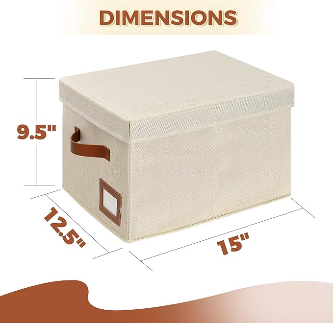 Storage Standard 2-Pack File Organizer Box with Lid - Collapsible Hanging Linen Document Organizer Portable File Boxes, Lightweight & Portable Filing Box Crates with Handles & Extras, Ivory-DeskLoop Office