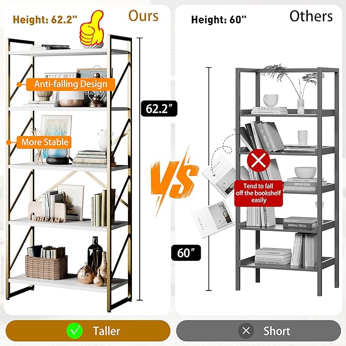 Shintenchi 5 Tiers Bookshelf, Classically Tall Bookcase Shelf, Industrial Book - Image 2