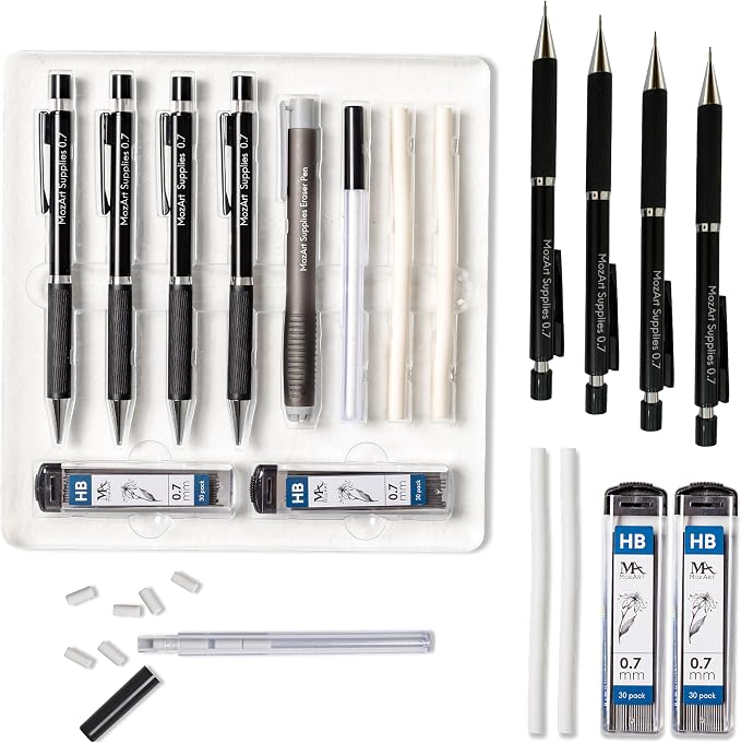 MozArt Mechanical Pencil 0.7mm Set 2x30 HB Lead & Eraser Pen Refills | Metal by MozArtSupplies