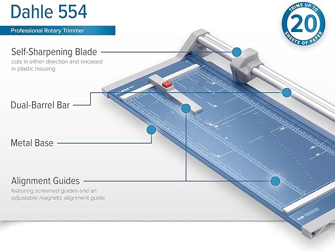 Dahle 554 Professional Rotary Trimmer, 28" Cut Length, 20 Sheet Capacity, Self-Sharpening, Dual Guide Bar, Automatic Clamp, German Engineered Paper Cutter-DeskLoop Office