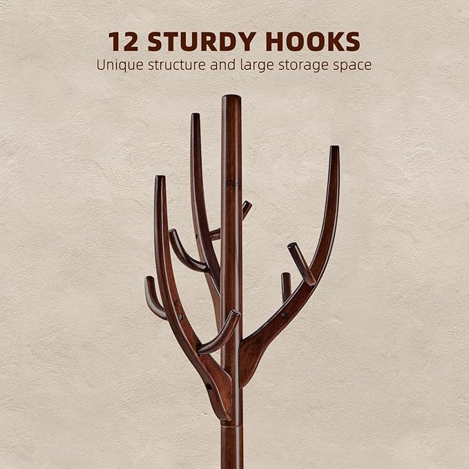 Uniclinens Coat Rack Freestanding Solid Wood Coat Tree Standing with 12 Hooks, Coat Rack Stand Creative Tree Branch-look (Dark Walnut)-DeskLoop Office
