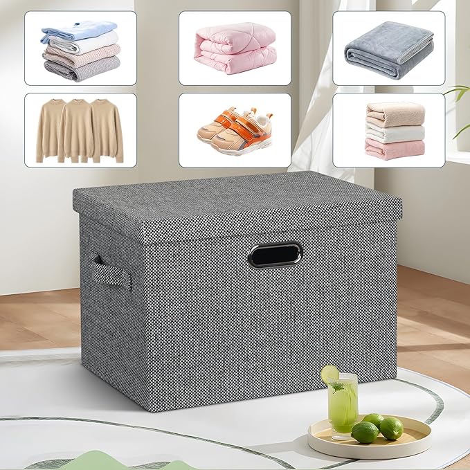 Large 17" 36 Quart Collapsible Stackable Storage Bins with Lids, 3 Packs Black and White Mix Linen Fabric Closet Boxes with Lids, Storage Cube Baskets Container Organizers (17x12x11)-DeskLoop Office