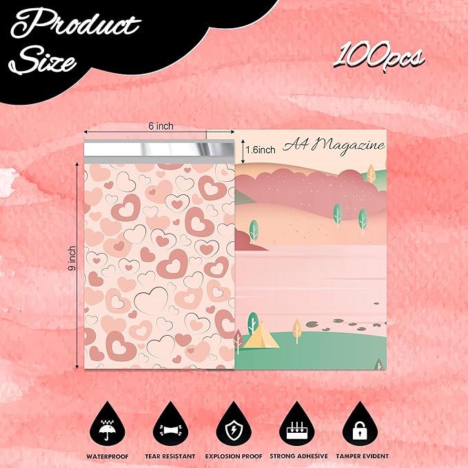Pink Heart Poly Mailer 6x9 Inch 100 Pcs, Waterproof Shipping Bags for Clothing, Tear-Resistant Mailier Bags, Strong Mailing Bags with Self-Seal-DeskLoop Office
