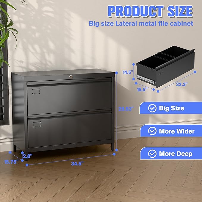 Metal 2 Drawer Lateral File Cabinet with Lock & Adjustable Feet - Wide Filing Cabinet for Letter/Legal/F4/A4 Hanging Files - Includes Business Card Holder,Home Office School Storage,Black-DeskLoop Office
