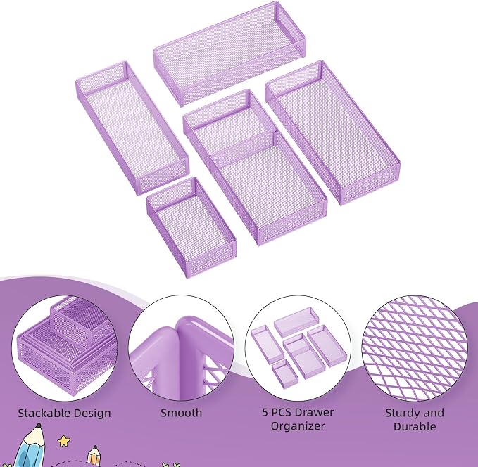 Marbrasse 5 Pack Desk Drawer Organizer Set, Mesh Drawer Storage Trays - Image 5