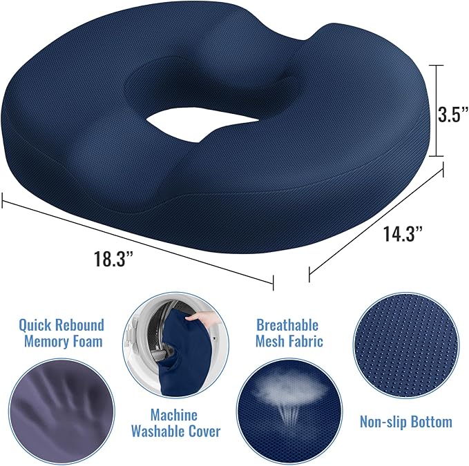 CloudBliss Donut Pillow Seat Cushion for Tailbone Pain Relief and Hemorrhoids, Memory Foam Seat Chair Cushion for Postpartum Pregnancy, Seat Cushions for Men and Women for Home & Office, (Blue-XL)-DeskLoop Office
