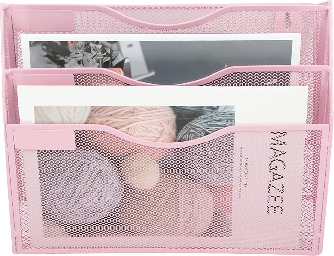 EASEPRES 3 Pocket Mesh Hanging Wall File Organizer, Wall Mounted Mail Paper Document Folder Holder, Clipboard Storage Organization Magazine Rack with Nametag Label for Office Home School, Pink-DeskLoop Office