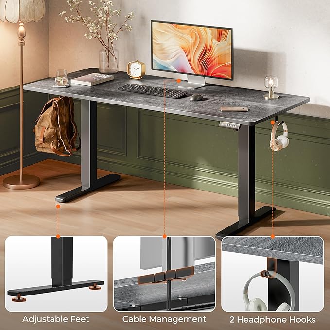 Huuger 63 x 28 Large Electric Standing Desk, Height Adjustable Computer Desk, 27.6" Deep Desktop, Stand up Gaming Office Table with 2 Hooks, 3 Preset Heights, for Home Office, Grey-DeskLoop Office