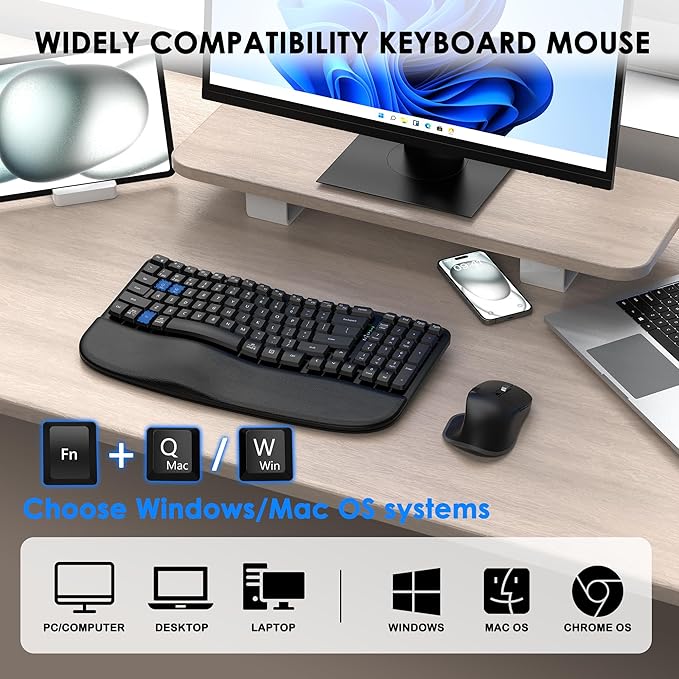 Ergonomic Keyboard and Mouse Combo, Bluetooth/2.4G Wireless Ergo Wave Curved Keyboard with Cushioned Palm Rest and 6 Levels DPI Adjustable Silent Mouse, Multi-Device for Windows/Mac/Android-DeskLoop Office