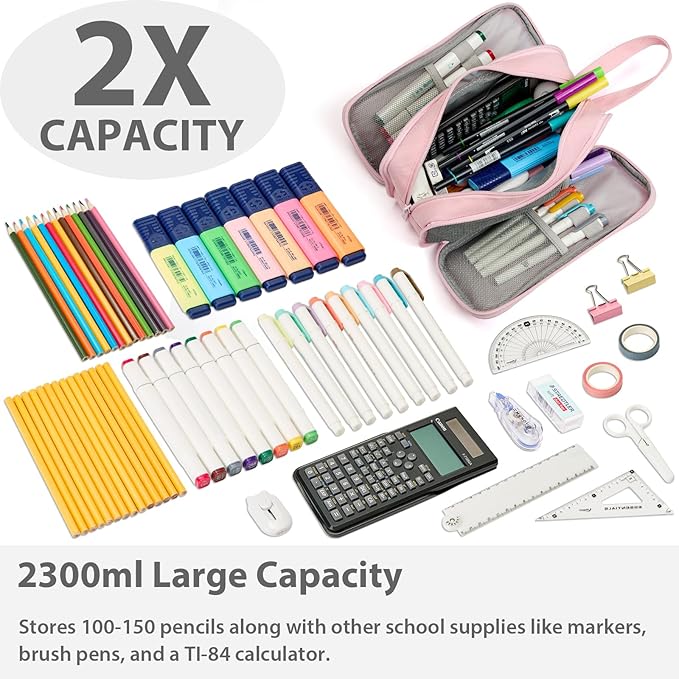 Pencil Case Pouch Box Bag School Supplies Girls Boys Kids, Cute Preppy Stuff Big Capacity Aesthetic Pen Organizer, Back to College Stationary, Pink, Extra Large Style, 2300ml-DeskLoop Office